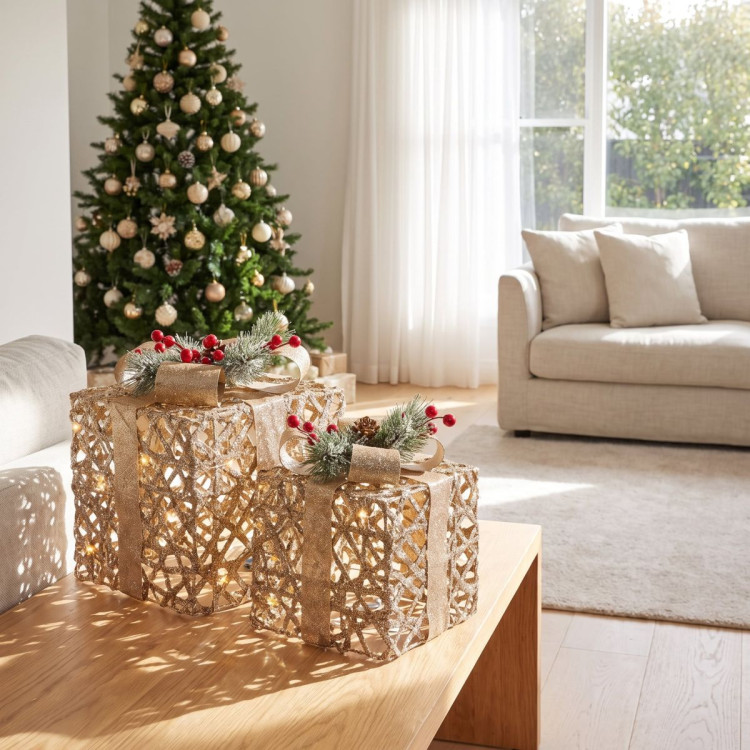 Christabelle 2 Pale Champagne Christmas Gift Boxes Light Up Display 35cm 28cm Indoor Xmas Festive Decoration image 6