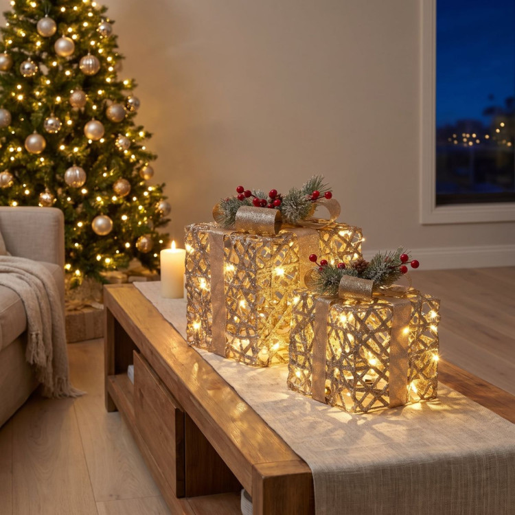 Christabelle 2 Pale Champagne Christmas Gift Boxes Light Up Display 35cm 28cm Indoor Xmas Festive Decoration image 7