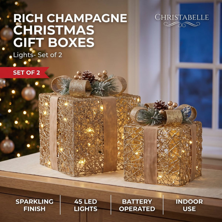 Set of 2 Light Up Christmas Gift Boxes Champagne Gold Battery Operated Warm White LED Present Decorations 35cm 28cm image 3