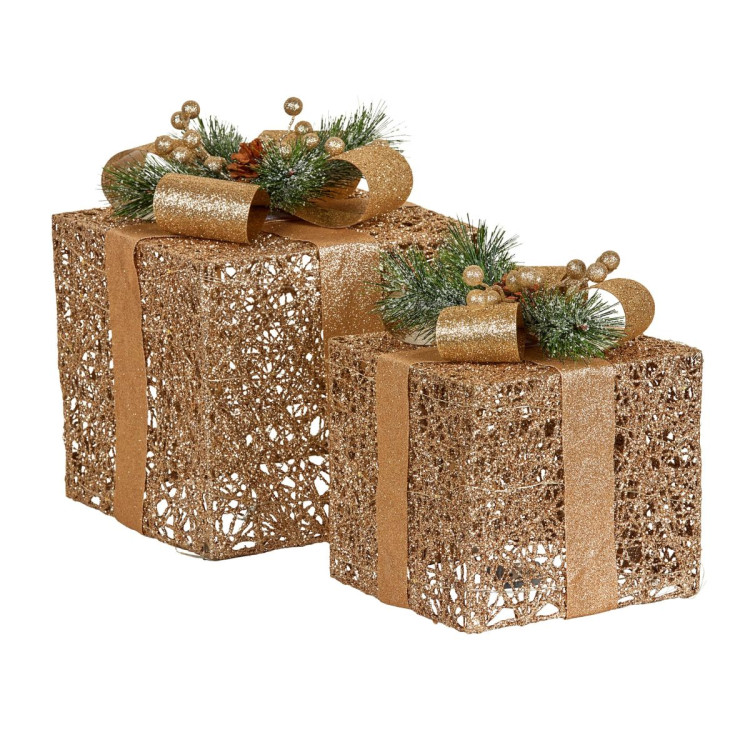 Set of 2 Light Up Christmas Gift Boxes Champagne Gold Battery Operated Warm White LED Present Decorations 35cm 28cm image 7