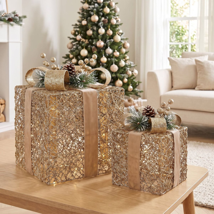 Set of 2 Light Up Christmas Gift Boxes Champagne Gold Battery Operated Warm White LED Present Decorations 35cm 28cm image 8