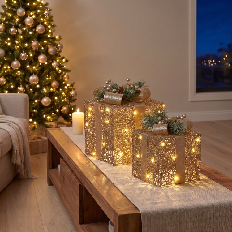 Set of 2 Light Up Christmas Gift Boxes Champagne Gold Battery Operated Warm White LED Present Decorations 35cm 28cm image 9