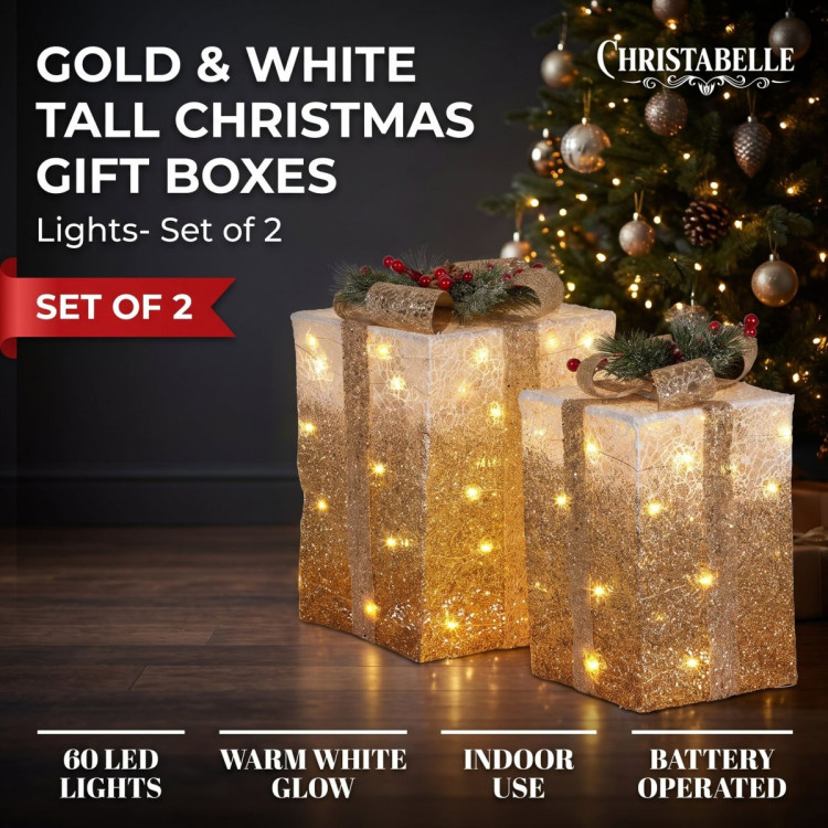 Christabelle 2 Gold White Christmas Gift Boxes Light Up Display 41cm 35cm Indoor Xmas Festive Decoration image 9