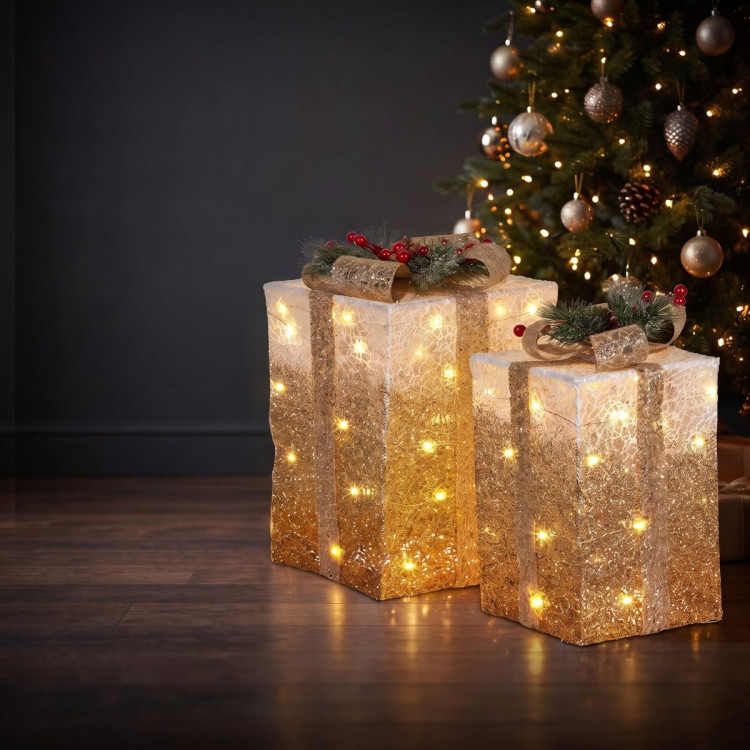 Christabelle 2 Gold White Christmas Gift Boxes Light Up Display 41cm 35cm Indoor Xmas Festive Decoration image 3