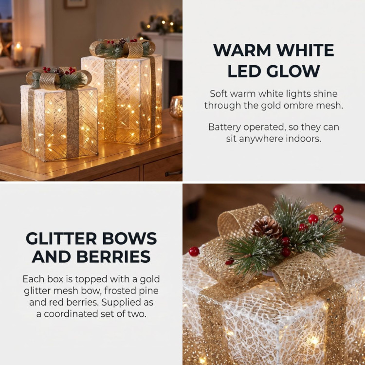 Christabelle 2 Gold White Christmas Gift Boxes Light Up Display 41cm 35cm Indoor Xmas Festive Decoration image 5