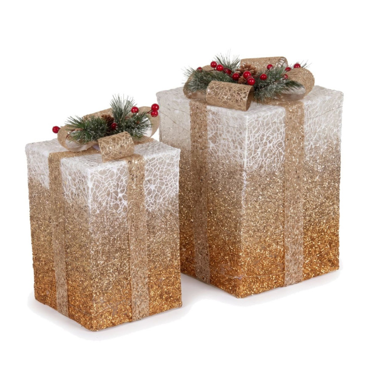 Christabelle 2 Gold White Christmas Gift Boxes Light Up Display 41cm 35cm Indoor Xmas Festive Decoration image 6