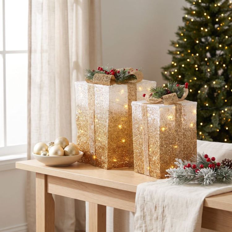 Christabelle 2 Gold White Christmas Gift Boxes Light Up Display 41cm 35cm Indoor Xmas Festive Decoration image 7