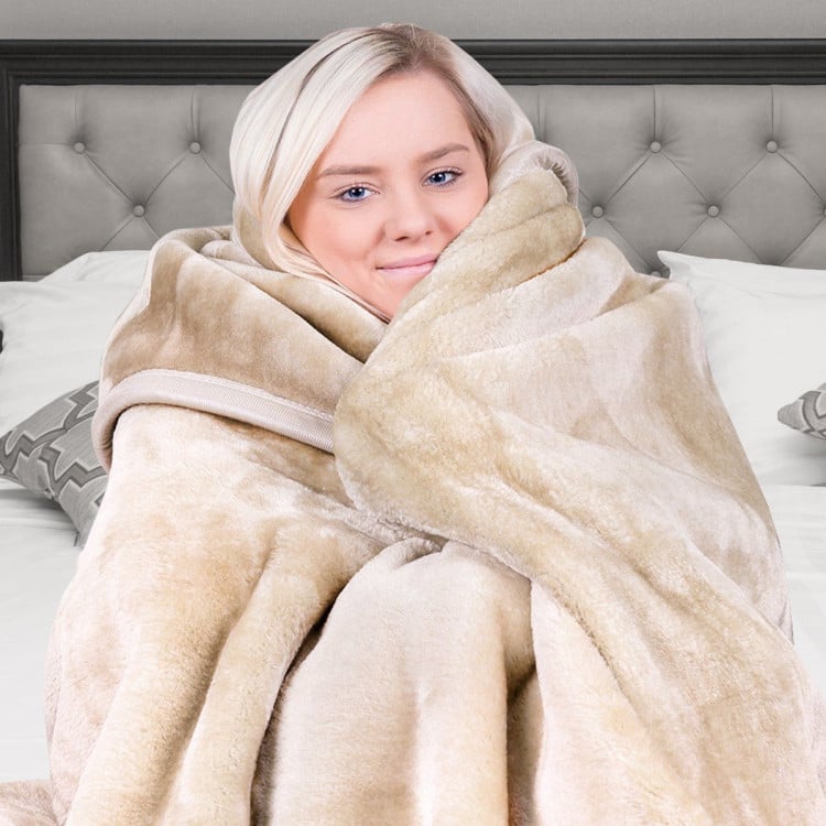 600GSM Large Double-Sided Queen Faux Mink Blanket - Beige image 3