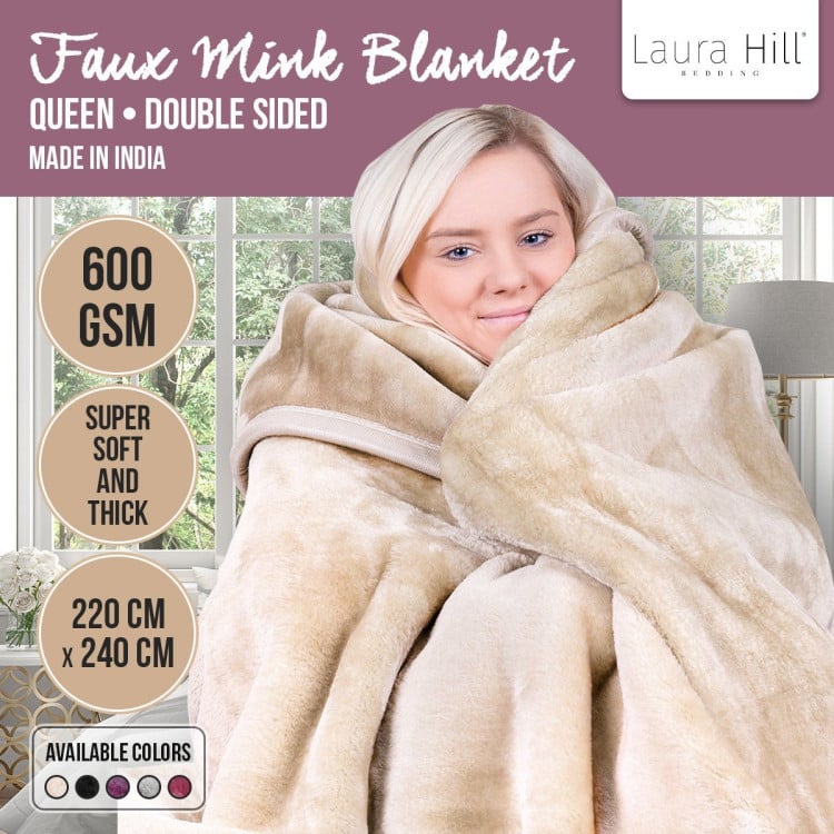 600GSM Large Double-Sided Queen Faux Mink Blanket - Beige image 9