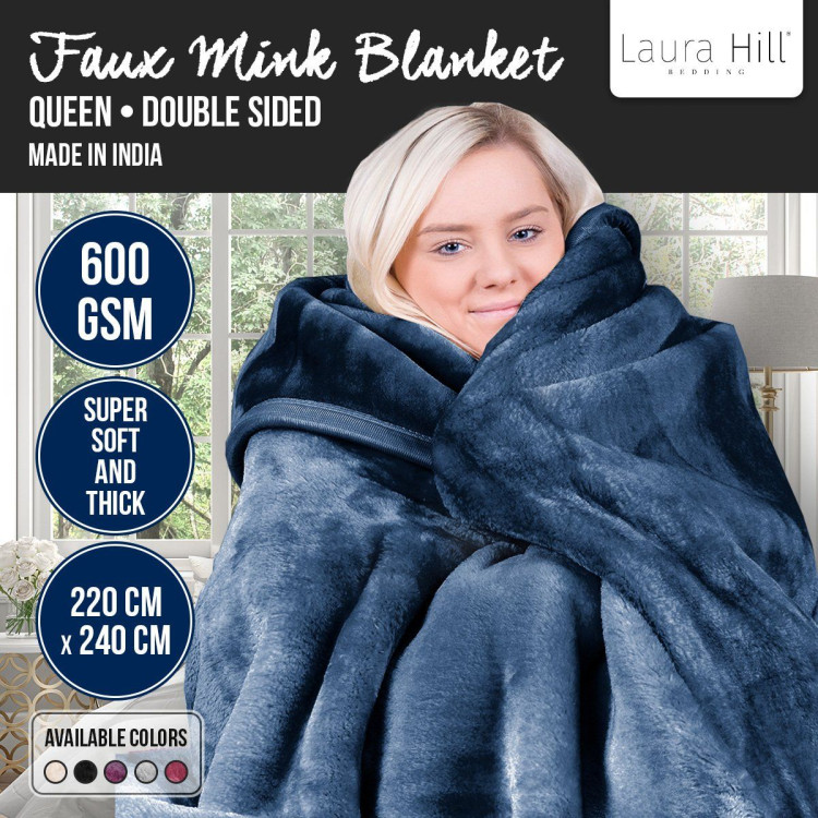 Laura Hill 600GSM Large Double-Sided Faux Mink Blanket- Navy image 5