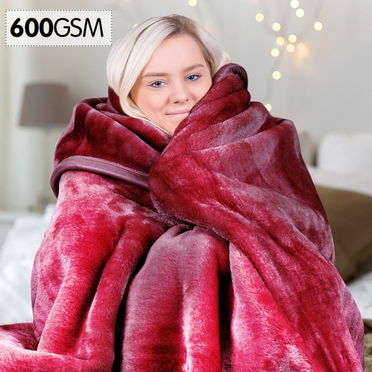 600GSM Large Double-Sided Faux Mink Blanket - Wine Red image 7