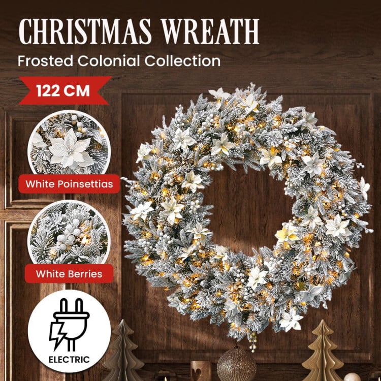 Christabelle 1.2m Frosted Colonial Pre-Lit Christmas Wreath, 200 Warm White LED Lights, Snowy Holiday Decor image 5