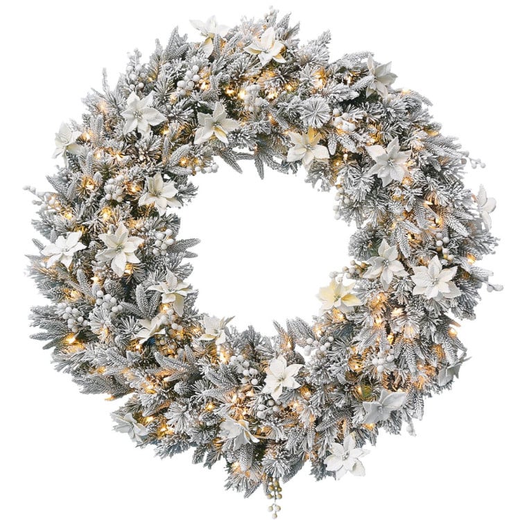 Christabelle 1.2m Frosted Colonial Pre-Lit Christmas Wreath, 200 Warm White LED Lights, Snowy Holiday Decor