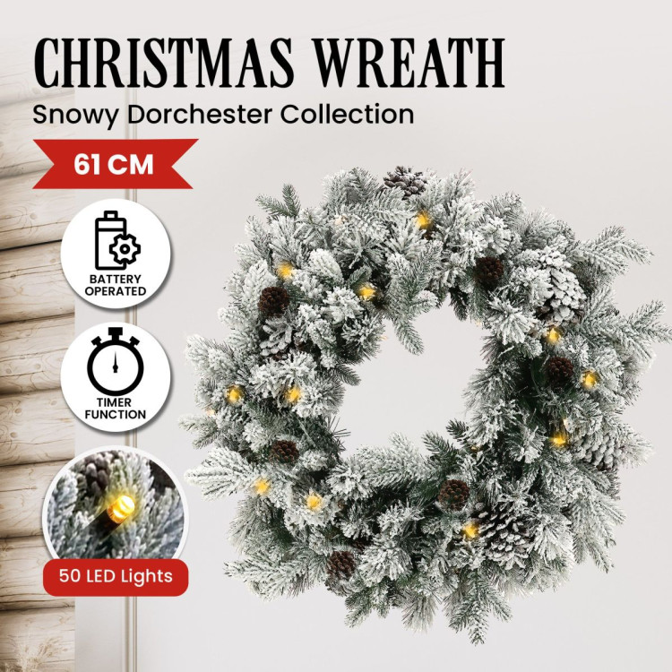 Christabelle 61cm Snowy Christmas Wreath with LED Lights Dorchester Front Door Decoration Ornament image 7
