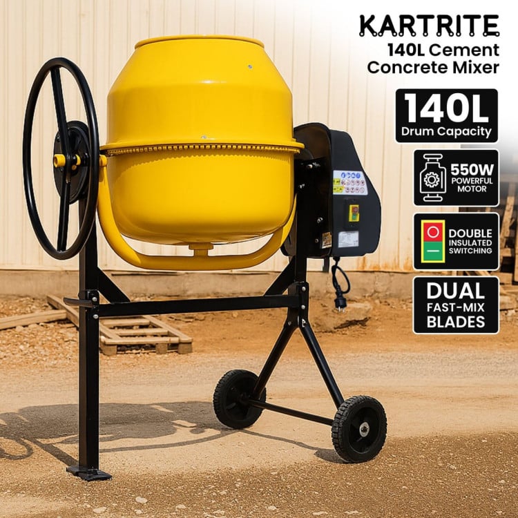 Kartrite Portable 140L Concrete Cement Mixer Sand Gravel Dual Mix Blades & Tipper Lock 550W Heavy Duty Rubber Wheels image 11