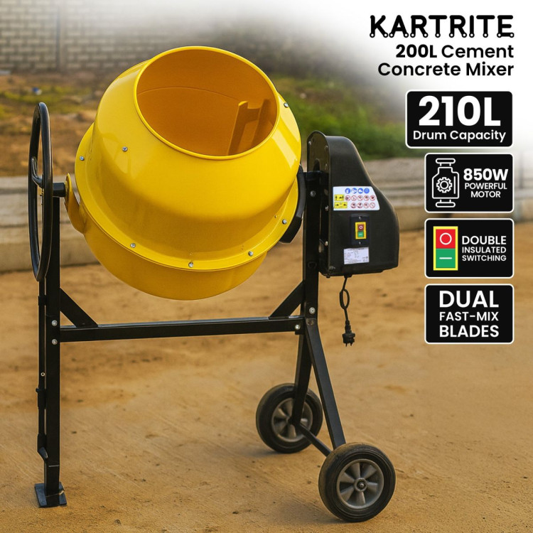 Kartrite Portable 200L Concrete Cement Mixer Sand Gravel Dual Mix Blades & Tipper Lock 850W Heavy Duty Rubber Wheels image 11