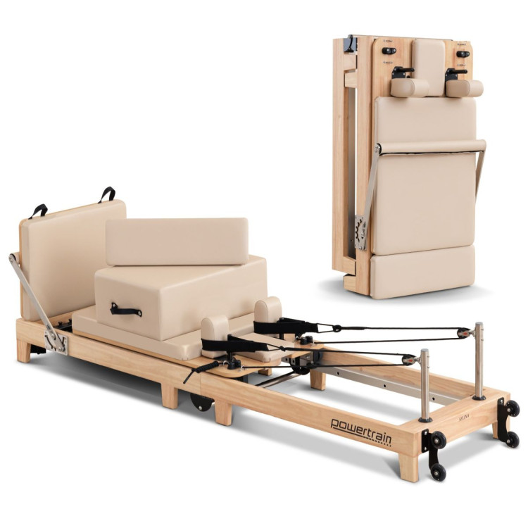 Powertrain Selina Pilates Reformer Machine Wooden Folding Multifunctional Home Gym Equipment with Jumpboard & Sitting Box Oak Beige image 3