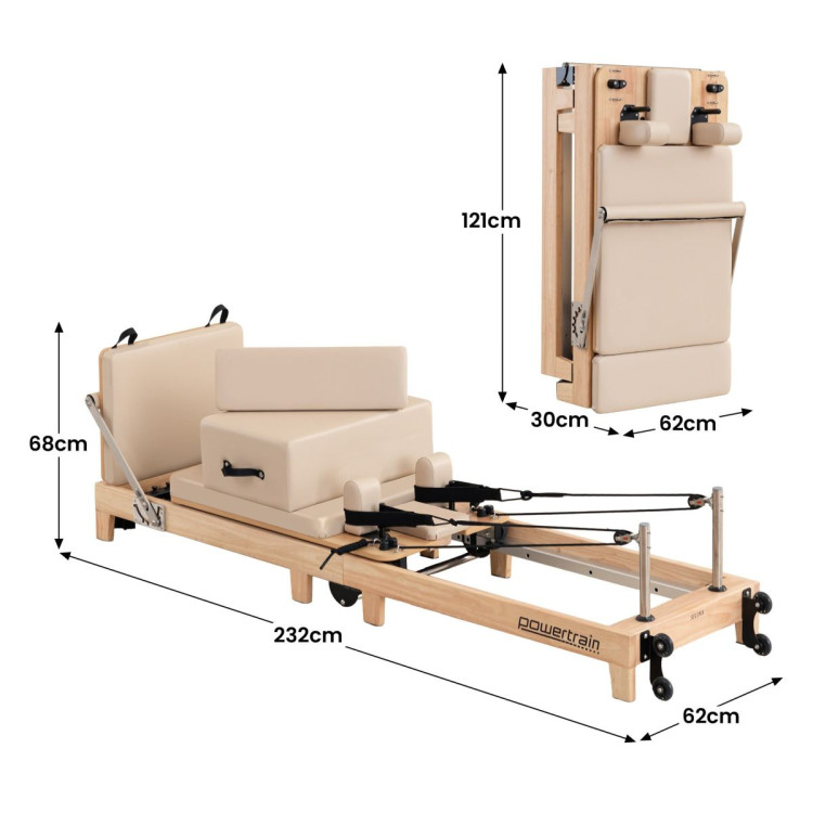 Powertrain Selina Pilates Reformer Machine Wooden Folding Multifunctional Home Gym Equipment with Jumpboard & Sitting Box Oak Beige image 4