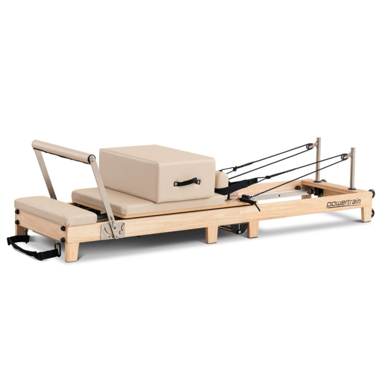 Powertrain Selina Pilates Reformer Machine Wooden Folding Multifunctional Home Gym Equipment with Jumpboard & Sitting Box Oak Beige image 10