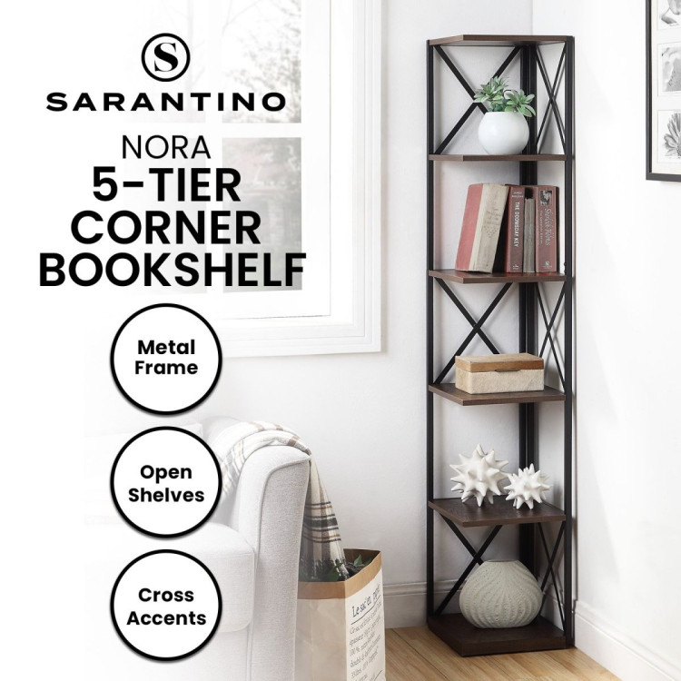 Sarantino Nora 5-Tier Corner Bookshelf - Walnut/Black image 11
