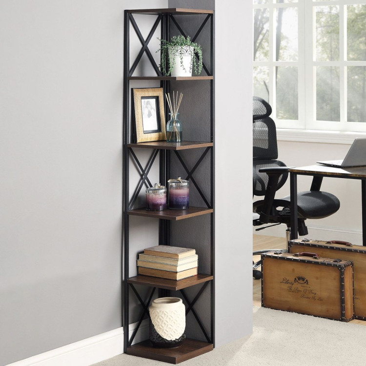 Sarantino Nora 5-Tier Corner Bookshelf - Walnut/Black image 11