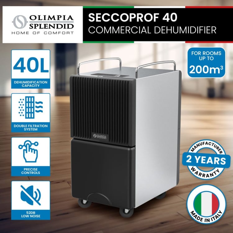 Olimpia Splendid SeccoProf 40L Dehumidifier for 200sqm with 8L Tank, Continuous Drain & Carbon Filter image 2