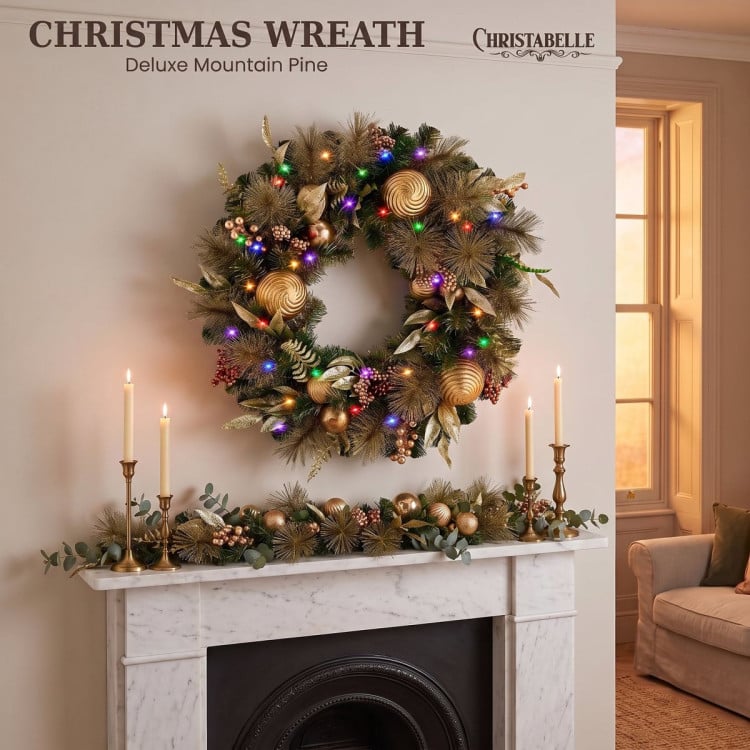Christabelle 61cm Deluxe Mountain Pine Christmas Wreath Pre Lit Multi Function LED Timer Front Door Xmas Decoration Home image 12