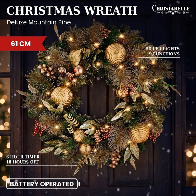 Christabelle 61cm Deluxe Mountain Pine Christmas Wreath Pre Lit Multi Function LED Timer Front Door Xmas Decoration Home image 13