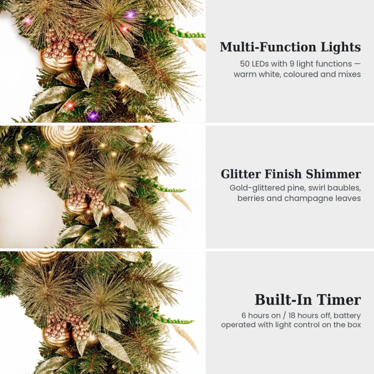 Christabelle 61cm Deluxe Mountain Pine Christmas Wreath Pre Lit Multi Function LED Timer Front Door Xmas Decoration Home image 6
