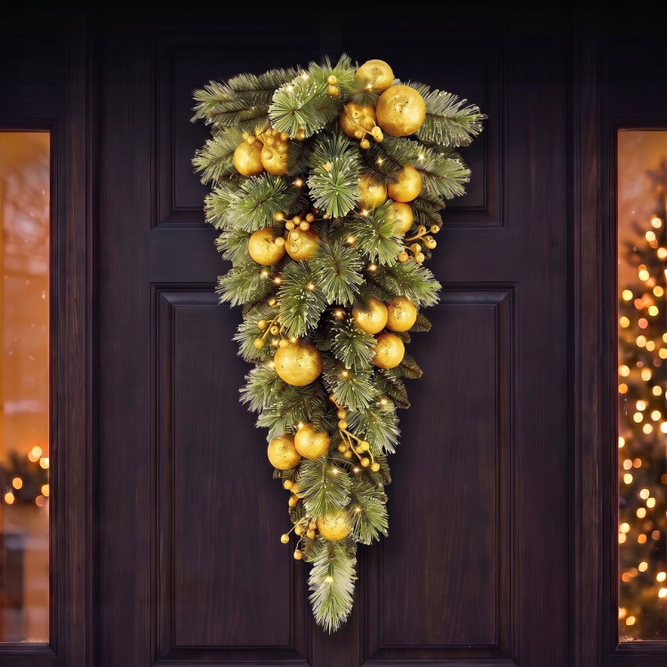 Christabelle 90cm Gold Christmas Teardrop Pre Lit Warm White LED Timer Baubles Berries Front Door Xmas Decoration Home image 3