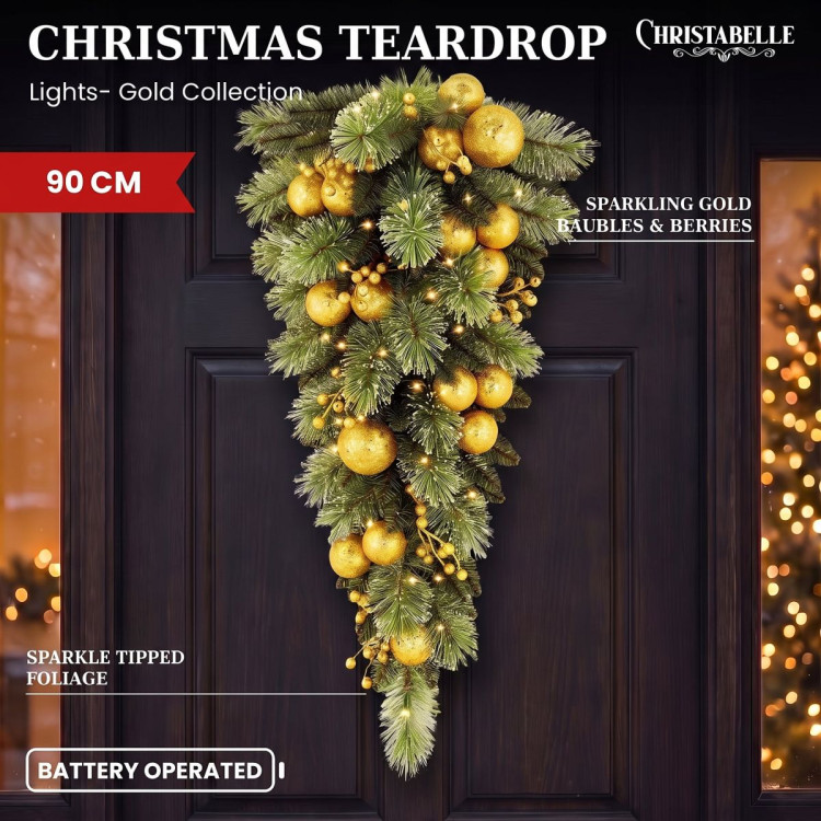 Christabelle 90cm Gold Christmas Teardrop Pre Lit Warm White LED Timer Baubles Berries Front Door Xmas Decoration Home image 14