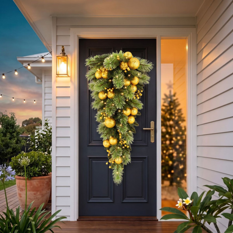 Christabelle 90cm Gold Christmas Teardrop Pre Lit Warm White LED Timer Baubles Berries Front Door Xmas Decoration Home image 8