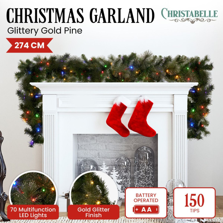 Christabelle 2.7m Christmas Garland with LED Lights Glittery Gold Pine Mantle Decoration Ornament image 4