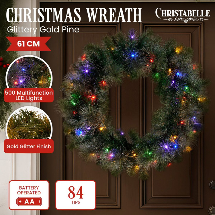 Christabelle 61cm Christmas Wreath LED Lights Glittery Gold Pine Front Door Decoration Ornament image 8