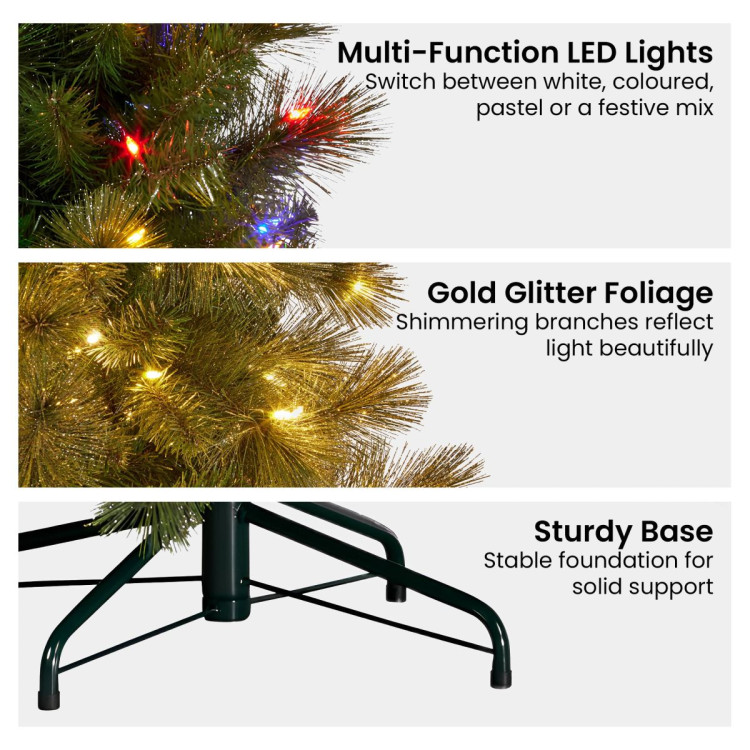 Christabelle 7.5ft Christmas Tree Slim Glittery Gold Pine LED Lights Xmas Decor image 7