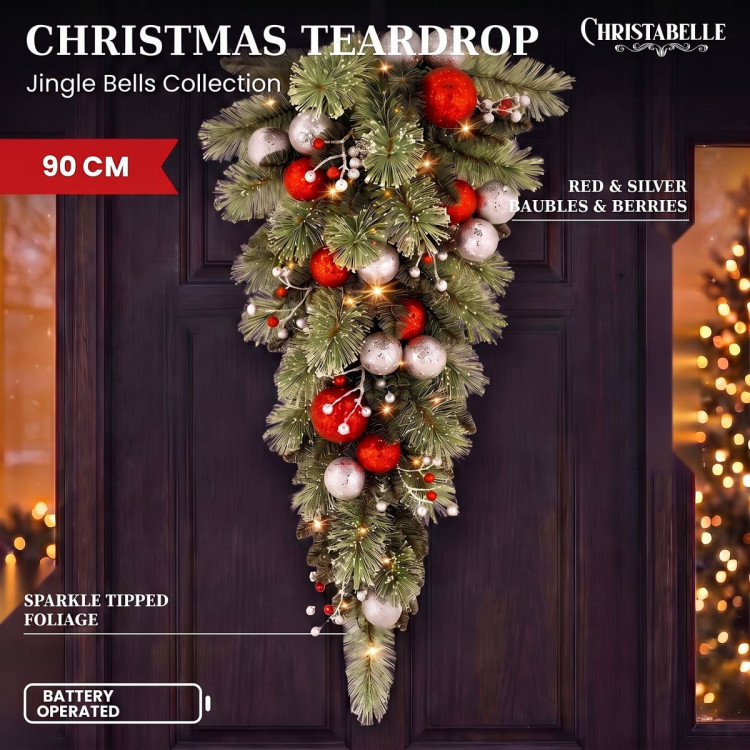 Christabelle 90cm Jingle Bells Christmas Teardrop Pre Lit Warm White LED Timer Baubles Berries Silver Shimmer Foliage image 13