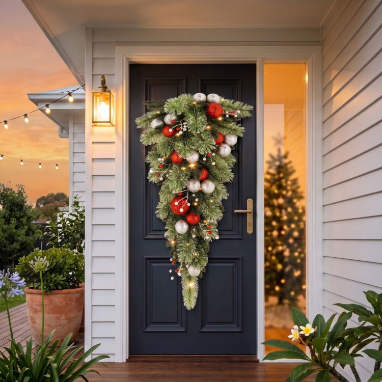 Christabelle 90cm Jingle Bells Christmas Teardrop Pre Lit Warm White LED Timer Baubles Berries Silver Shimmer Foliage image 7