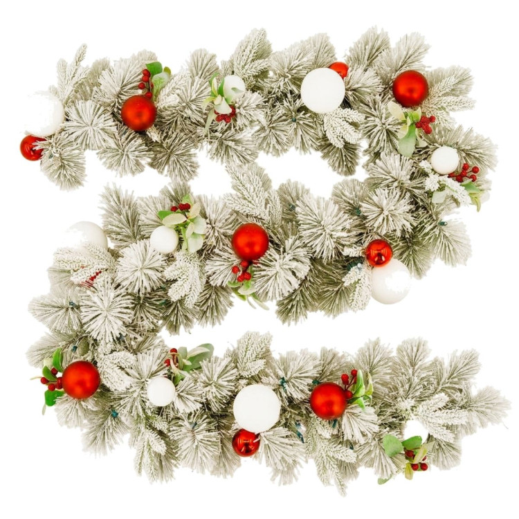 Christabelle 2.74m Snowy Elegance Christmas Garland Pre Lit Warm White LED Red Baubles Berries Flocked Mantel Banister image 4
