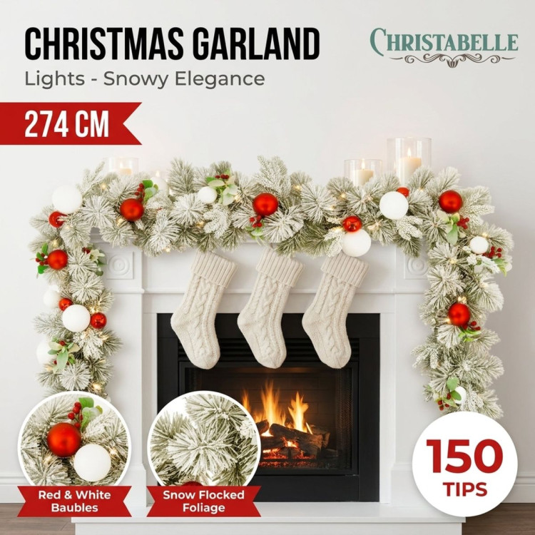 Christabelle 2.74m Snowy Elegance Christmas Garland Pre Lit Warm White LED Red Baubles Berries Flocked Mantel Banister image 14