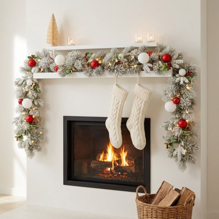 Christabelle 2.74m Snowy Elegance Christmas Garland Pre Lit Warm White LED Red Baubles Berries Flocked Mantel Banister image 11