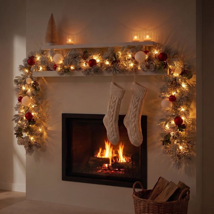 Christabelle 2.74m Snowy Elegance Christmas Garland Pre Lit Warm White LED Red Baubles Berries Flocked Mantel Banister image 6