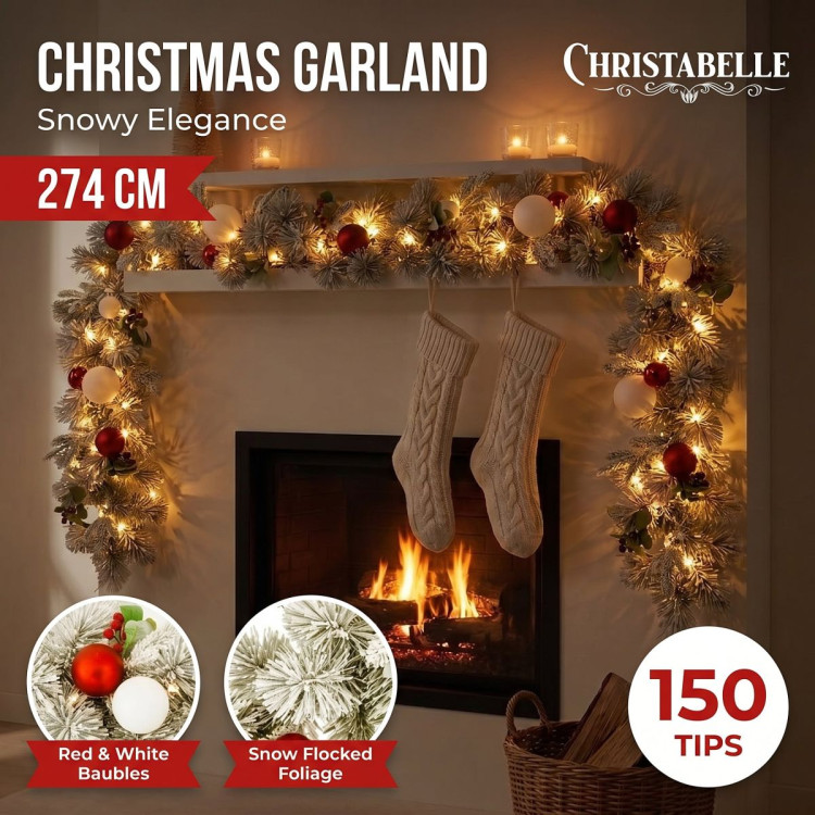Christabelle 2.74m Snowy Elegance Christmas Garland Pre Lit Warm White LED Red Baubles Berries Flocked Mantel Banister image 15