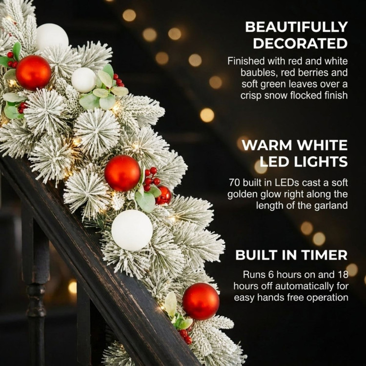 Christabelle 2.74m Snowy Elegance Christmas Garland Pre Lit Warm White LED Red Baubles Berries Flocked Mantel Banister image 5
