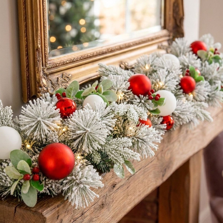 Christabelle 2.74m Snowy Elegance Christmas Garland Pre Lit Warm White LED Red Baubles Berries Flocked Mantel Banister image 7