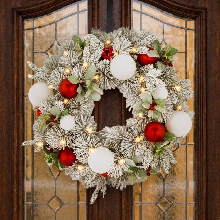 Christabelle 61cm Snowy Elegance Christmas Wreath Pre Lit Warm White LED Red Baubles Berries Front Door Xmas Decoration image 3