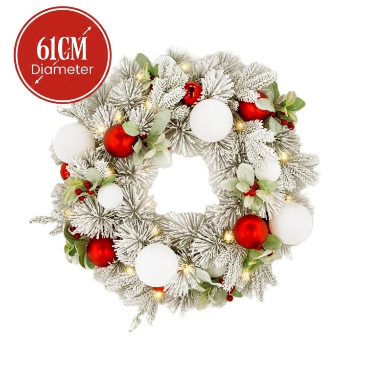 Christabelle 61cm Snowy Elegance Christmas Wreath Pre Lit Warm White LED Red Baubles Berries Front Door Xmas Decoration image 5