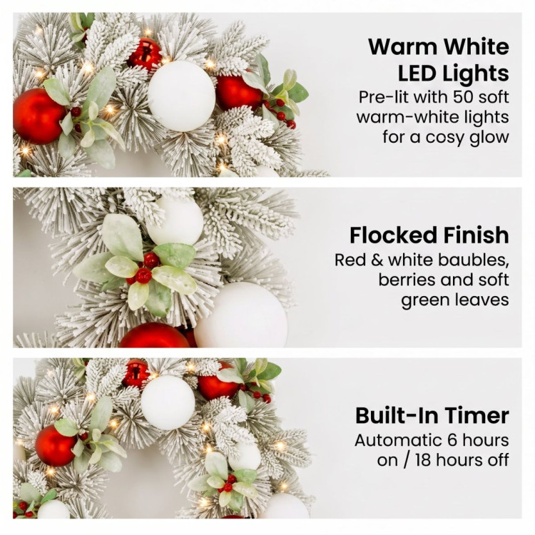 Christabelle 61cm Snowy Elegance Christmas Wreath Pre Lit Warm White LED Red Baubles Berries Front Door Xmas Decoration image 6