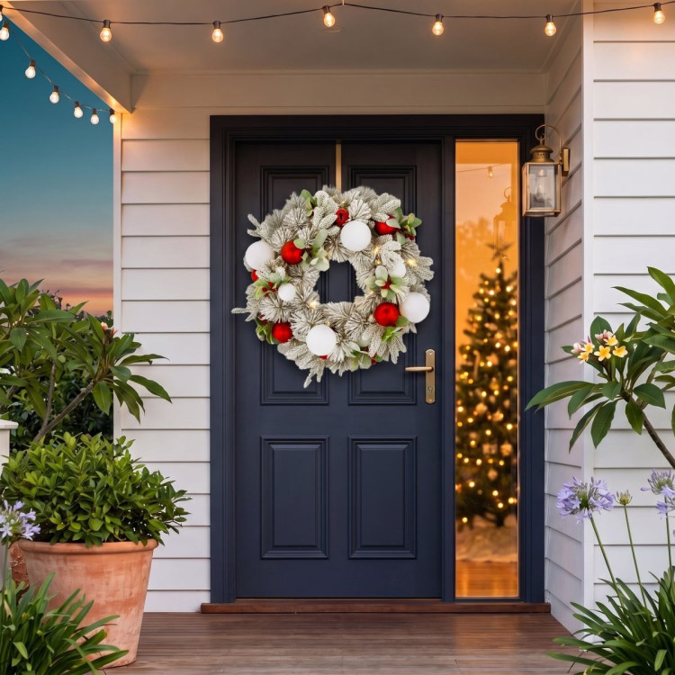 Christabelle 61cm Snowy Elegance Christmas Wreath Pre Lit Warm White LED Red Baubles Berries Front Door Xmas Decoration image 9