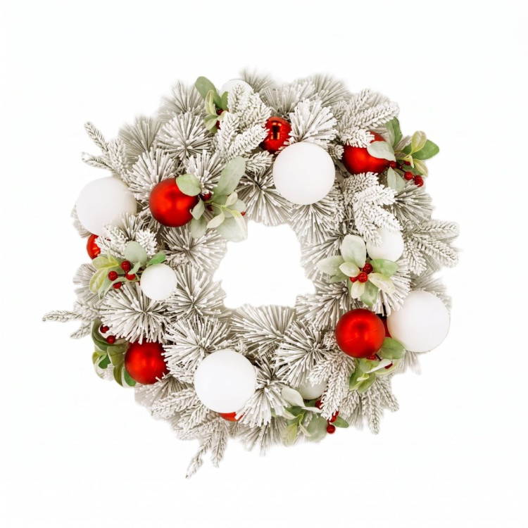 Christabelle 61cm Snowy Elegance Christmas Wreath Pre Lit Warm White LED Red Baubles Berries Front Door Xmas Decoration image 13