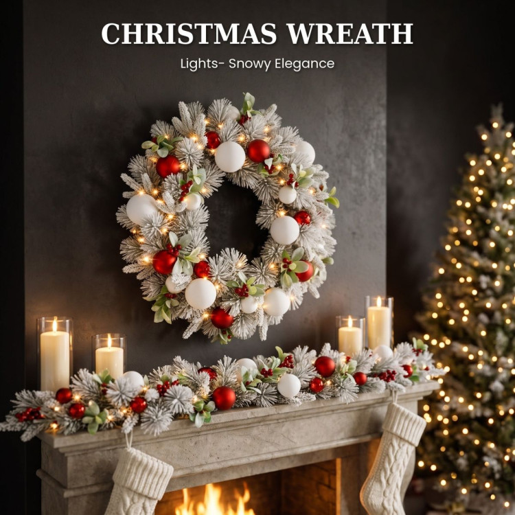 Christabelle 76cm Snowy Elegance Christmas Wreath Pre Lit Warm White LED Red Baubles Berries Front Door Xmas Decoration image 4